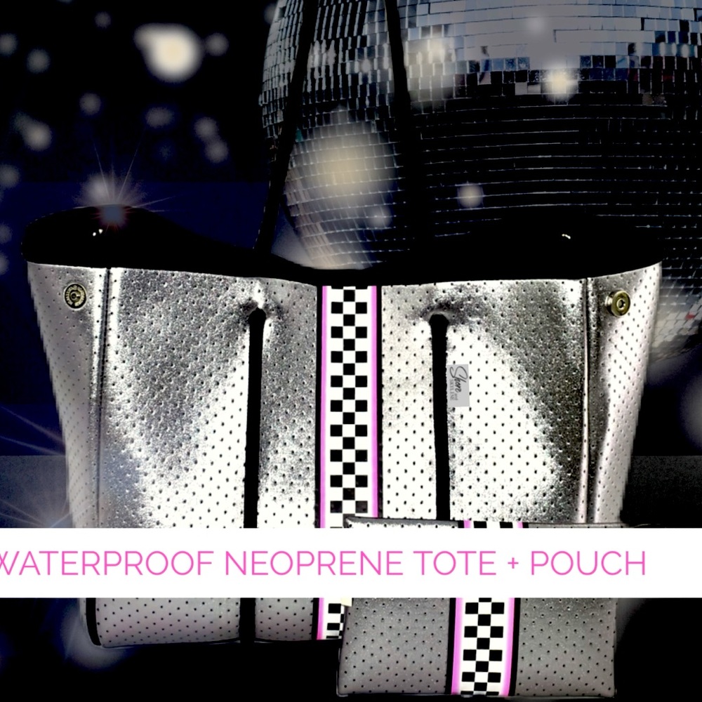 Waterproof Neoprene Tote Bag Titanium Disco or Prix Pink Racer + racing checks
